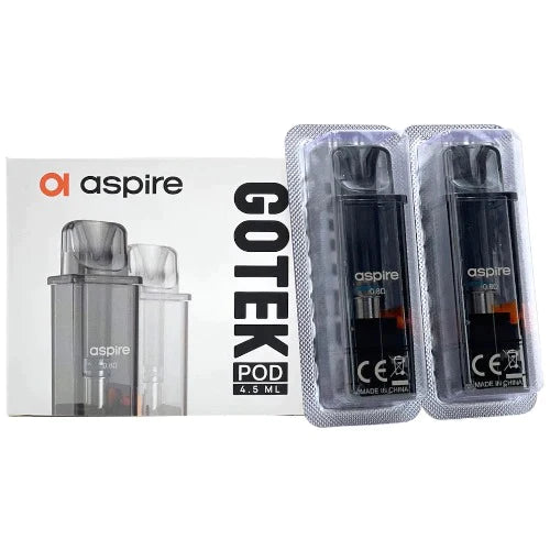 Box and two replacement Aspire Gotek Pods with mesh coils, packaged in clear plastic casing