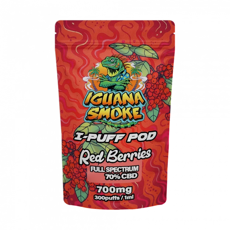 Iguana Smoke I-Puff Pod packaging for Red Berries flavor on a white background