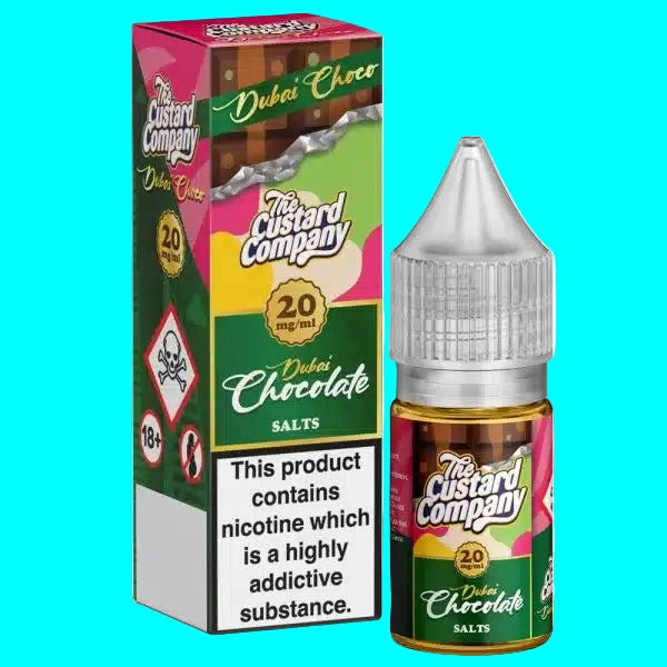 Vape juice bottle and packaging of The Custard Company Dubai Chocolate flavor on a white background