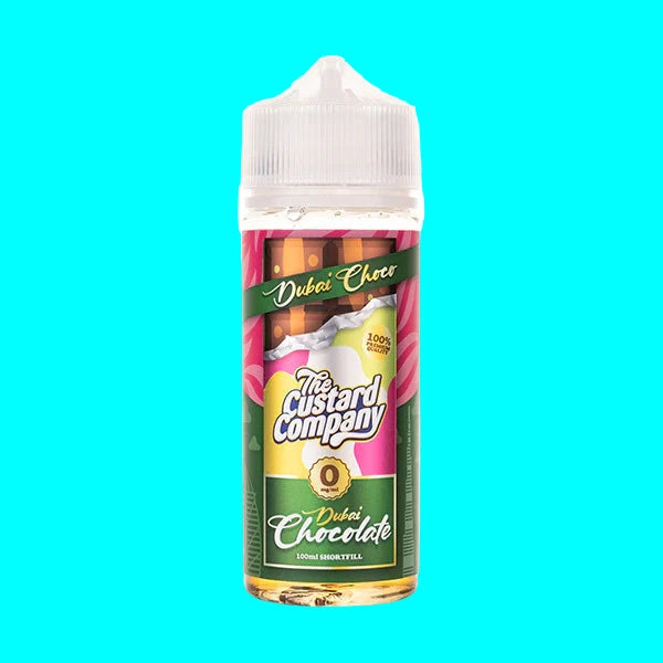 Bottle of The Custard Company Dubai Chocolate e-liquid on a white background