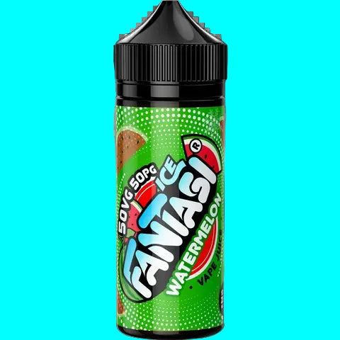Fantasia Watermelon vape juice bottle with green label on a white background