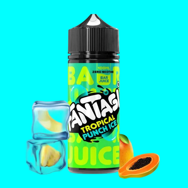 Bottle of Fantasi Tropical Punch Ice juice with ice cubes and a papaya slice on a white background