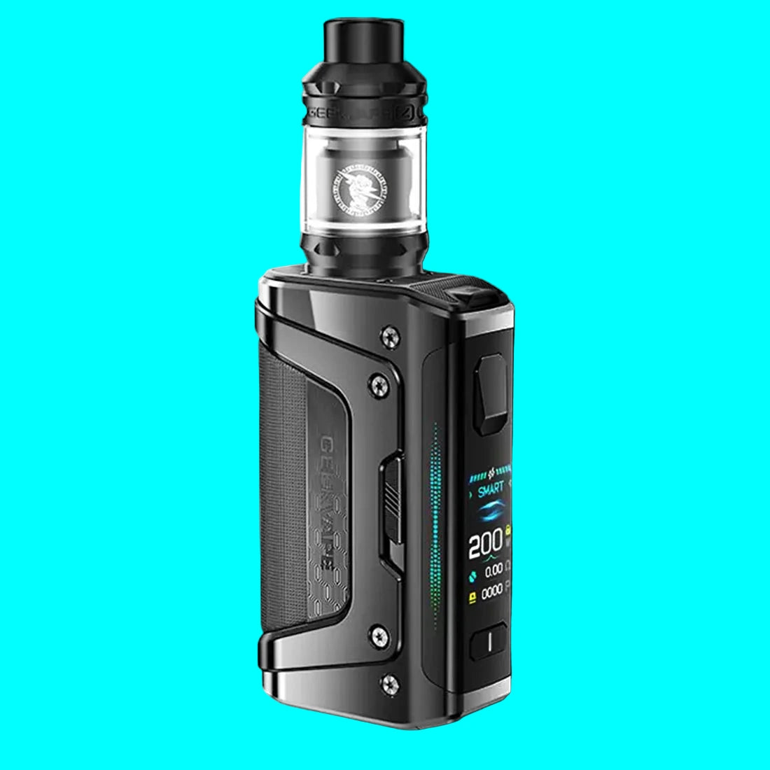 Black vape device with digital display on a white background