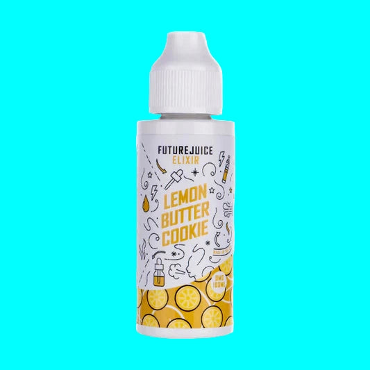 Bottle of Future Juice Lemon Butter Cookie elixir on a white background