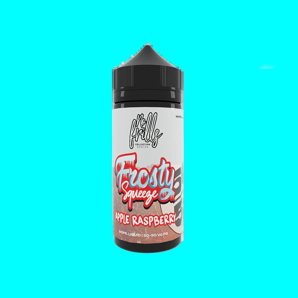 Product image for NO FRILLS 80ML 50/50 E LIQUID FROSTY SQUEEZE, featuring a icy blue graphic with text 'Frosty Squeeze' on a background simulating frosty conditions.