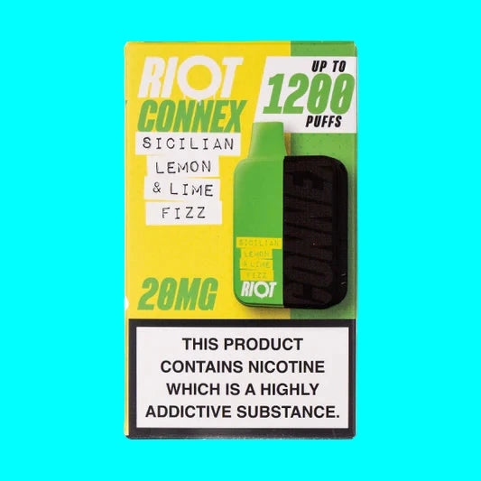 The image shows the RIOT CONNEX POD KIT with various prefilled pods in different flavors and a black vaping device. The packaging displays the brand and product information.
