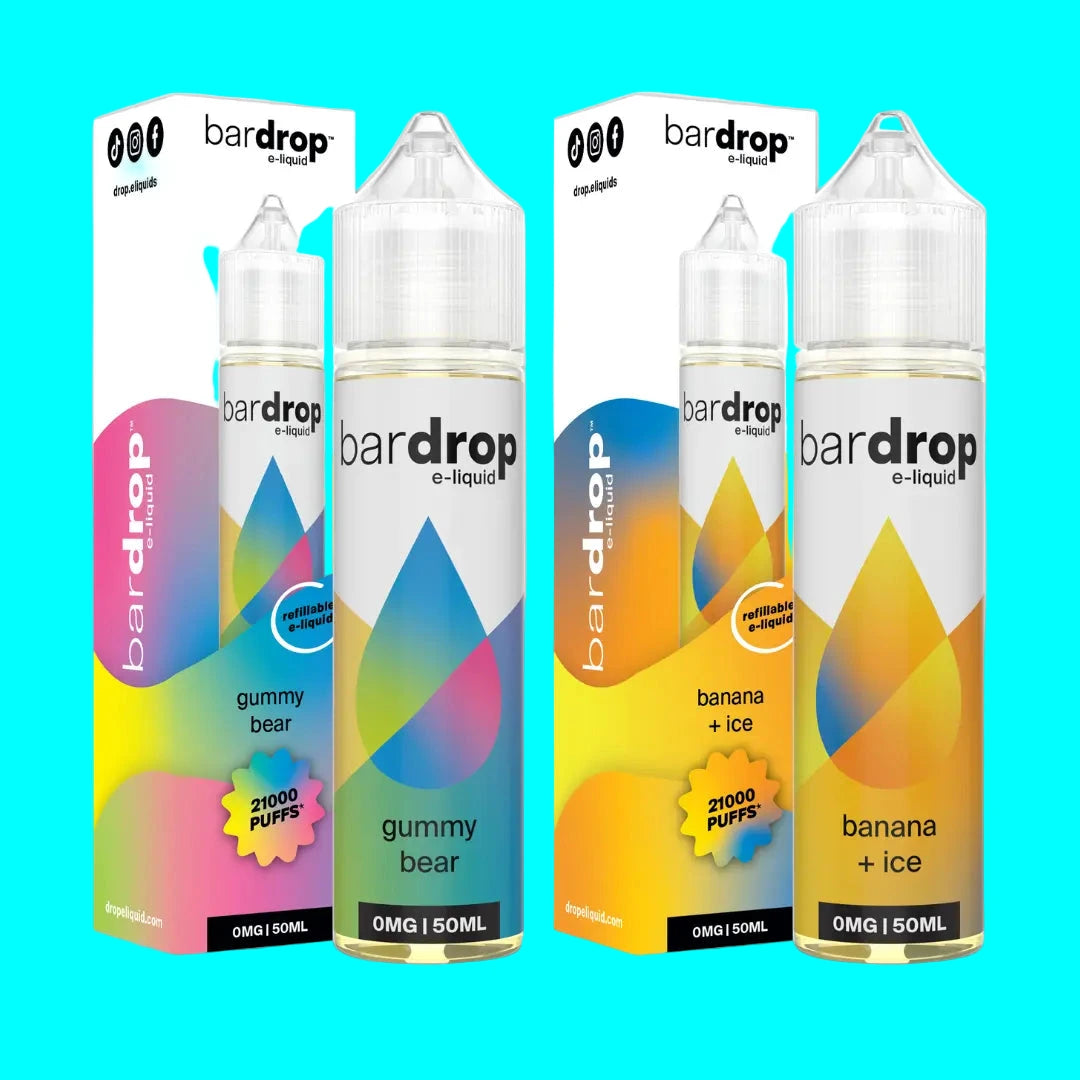 Boxed bottles of Bar Drop 50/50 short fill e-liquid in various flavors, including gummy bear and banana ice, with vibrant and colorful packaging.