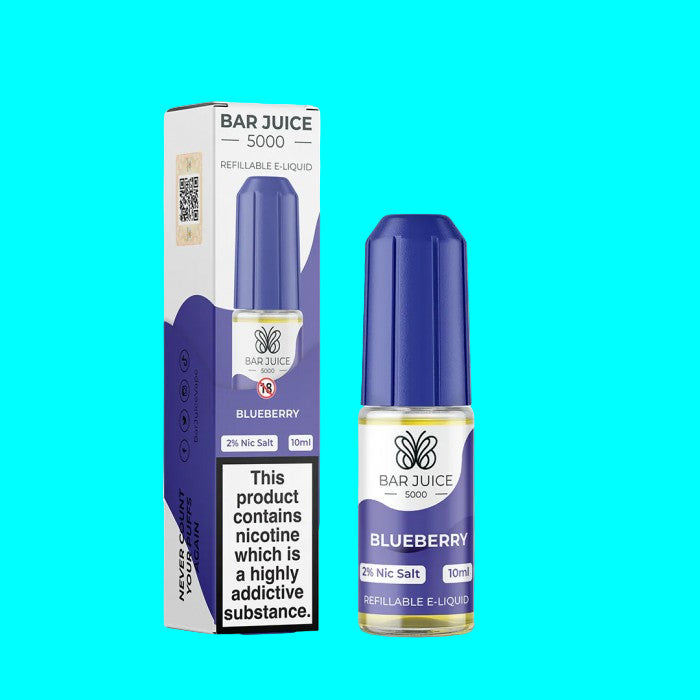 A collection of Bar Juice e-liquid bottles in various colors, labeled with different flavors. BLUEBERRY