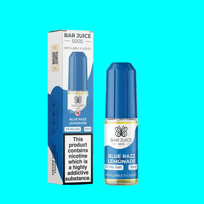 A collection of Bar Juice e-liquid bottles in various colors, labeled with different flavors. BLUE RAZ LEMONADE