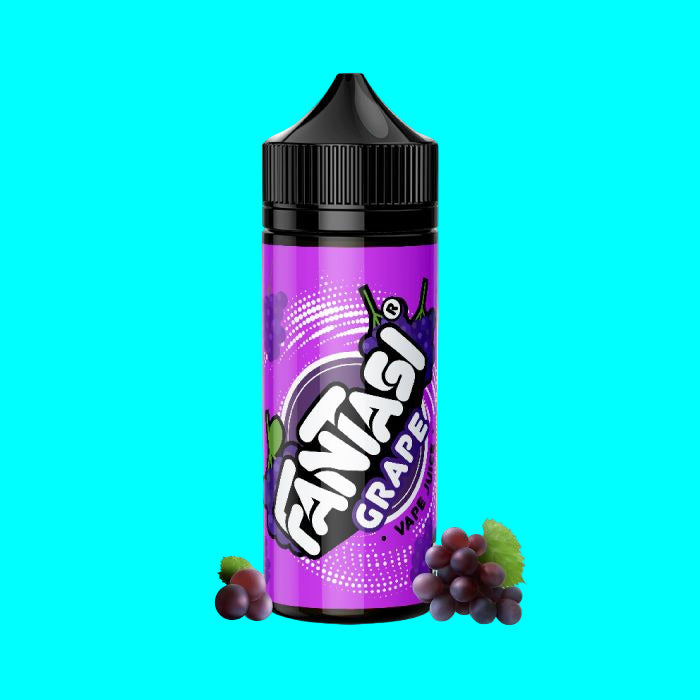 Purple bottle of Fantasi Grape vape juice with grapes on a white background