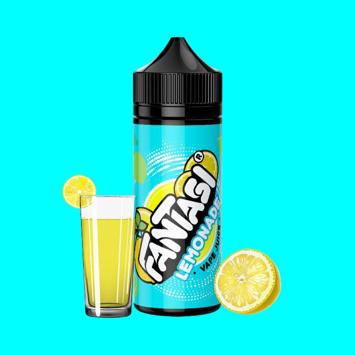 Fantasi Lemonade vape bottle with a glass of lemonade and lemon slices on a white background