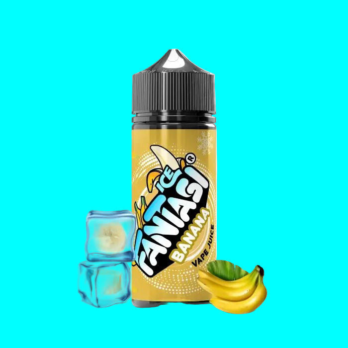Fantasi Ice Banana vape juice bottle with ice cubes and bananas on a white background