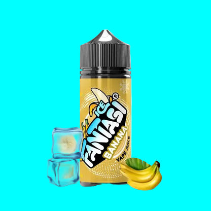Fantasi Ice Banana vape juice bottle with ice cubes and bananas on a white background