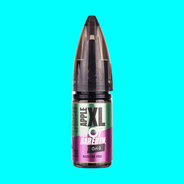 Vape juice bottle with green and purple label on a white background