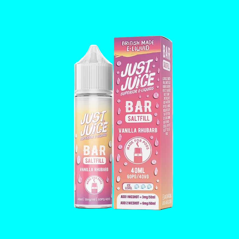 Just Juice Bar Saltfill Vanilla Rhubarb e-liquid bottle and packaging on a white background