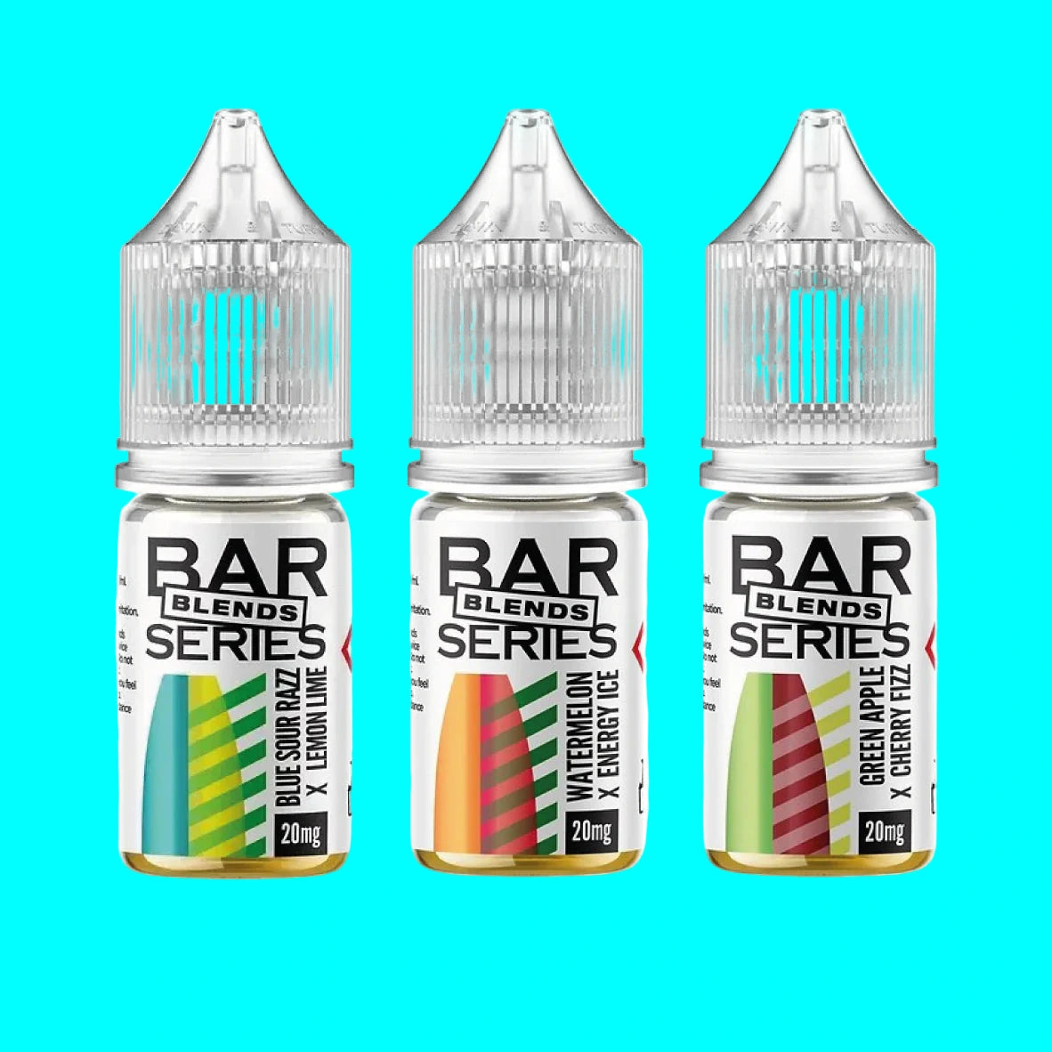 Three bottles of BAR SERIES BLENDS 10ML NIC SALT e-liquid in different flavors, each with a white label and clear chimney, displayed against a white background.