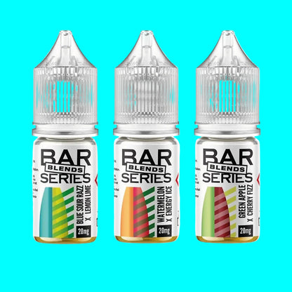 Three bottles of BAR SERIES BLENDS 10ML NIC SALT e-liquid in different flavors, each with a white label and clear chimney, displayed against a white background.