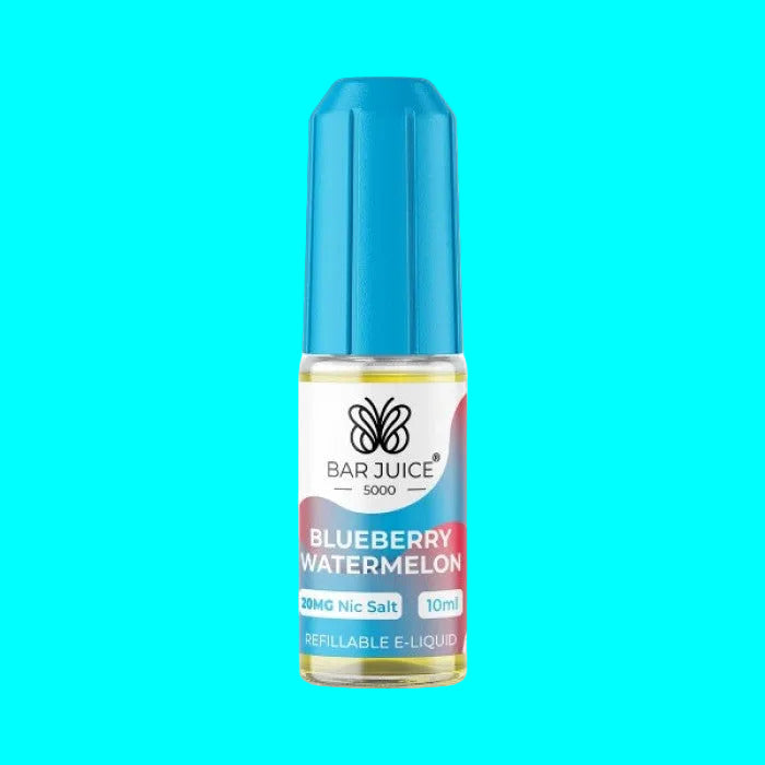 E-liquid bottle with blue cap and visible branding on a white background