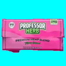 Pink packaging of Professor Herb bubble gum with green text on a pink background