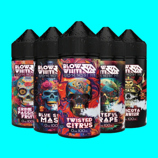 A series of e-liquid bottles with colorful and artistic labels, each labeled with different flavors like Hateful Grape, Crime of the Passion Fruit, Apricota Warrior, Blue Sour Mash, and Dark Cherry Rises.