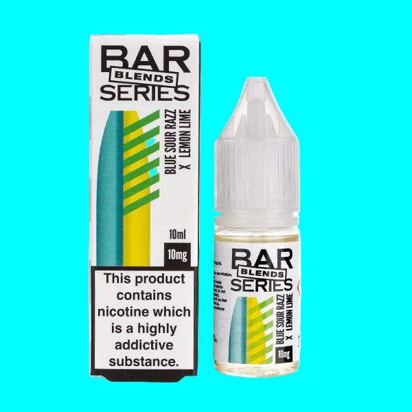 bottles of BAR SERIES BLENDS 10ML NIC SALT e-liquid in different flavors, each with a white label and clear chimney, displayed against a white background.