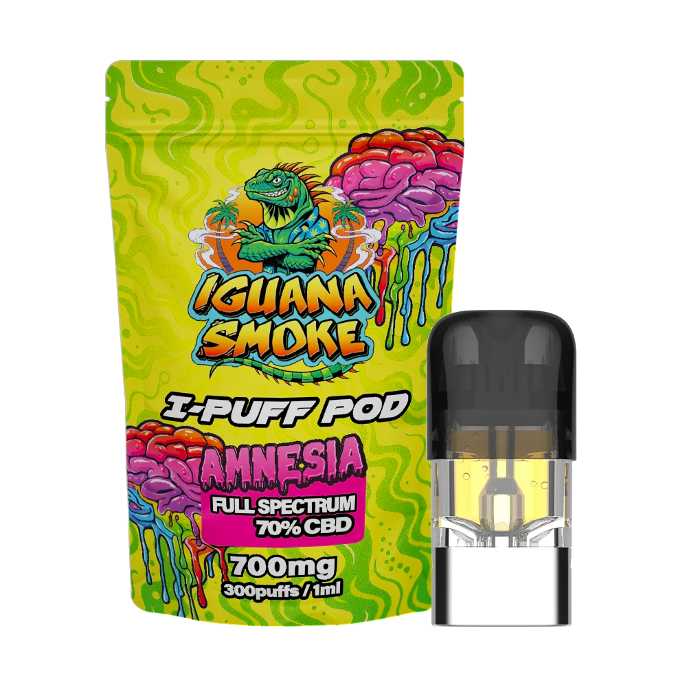 Iguana Smoke I-Puff Pod with colorful packaging on a white background