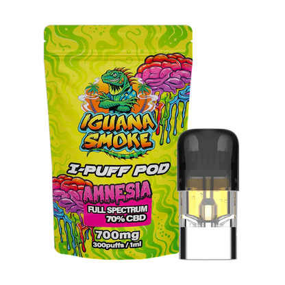 Iguana Smoke I-Puff Pod with colorful packaging on a white background