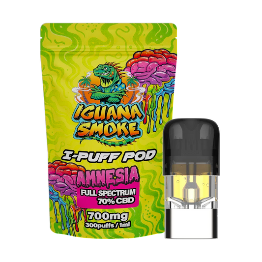 Iguana Smoke I-Puff Pod with colorful packaging on a white background