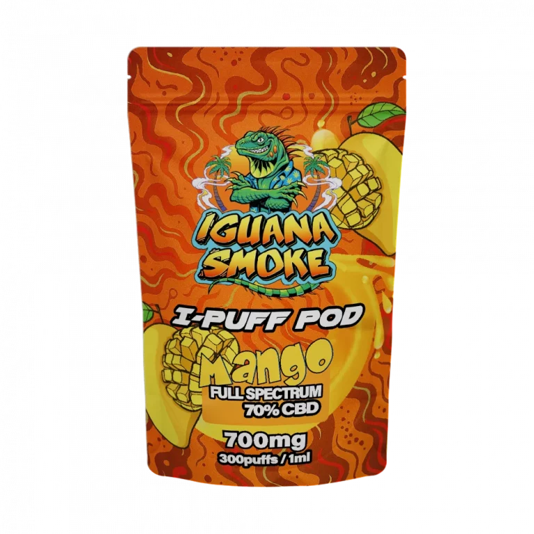 Iguana Smoke I-Puff Pod Mango flavor packaging on a white background