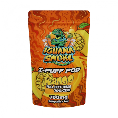 Iguana Smoke I-Puff Pod Mango flavor packaging on a white background