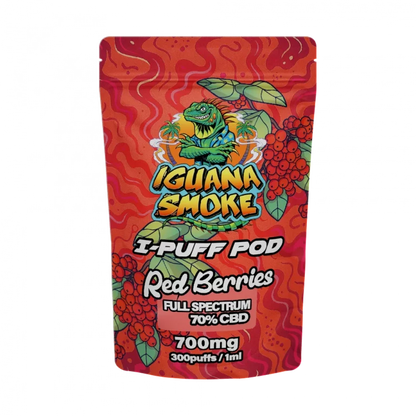 Iguana Smoke I-Puff Pod packaging for Red Berries flavor on a white background
