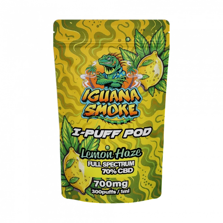 Iguana Smoke I-Puff Pod packaging for Lemon Haze flavor on a white background