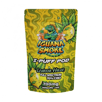 Iguana Smoke I-Puff Pod packaging for Lemon Haze flavor on a white background