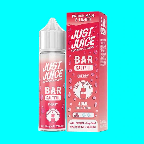 Just Juice Bar Saltfill Cherry e-liquid bottle and packaging on a white background