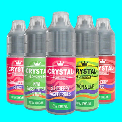 Five bottles of Crystal Original vape juice with colorful labels on a white background