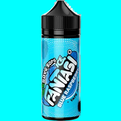 Blue raspberry vape juice bottle with black cap on a white background
