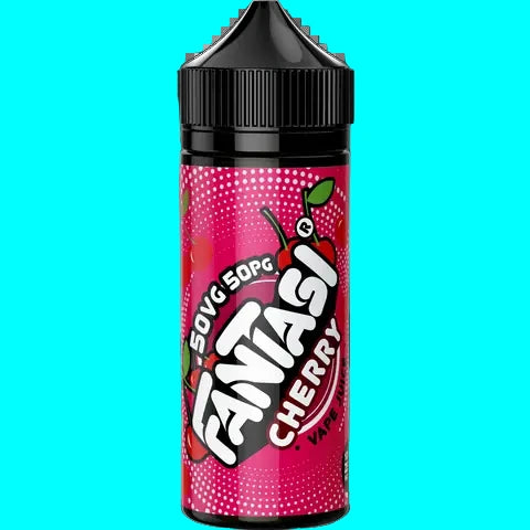 Fantasi Cherry vape juice bottle with pink label and black cap on a white background