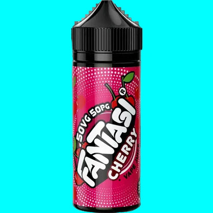 Fantasi Cherry vape juice bottle with pink label and black cap on a white background