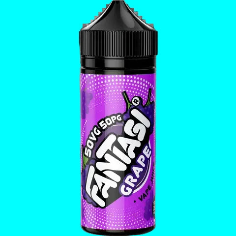 Purple vape juice bottle with black cap labeled 'Fantasi Grape' on a white background