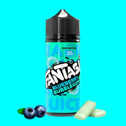 Fantasi Blueberry Bubblegum e-liquid bottle with blueberries and bubblegum on a white background