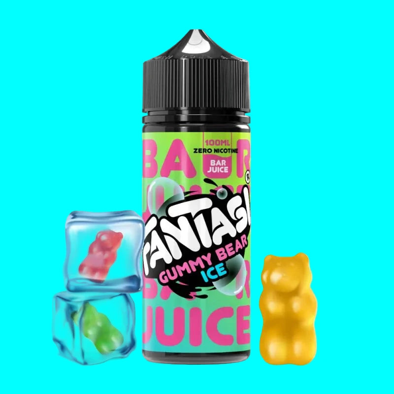 Bottle of Fantasi Gummy Bear Ice juice with gummy bear and ice cube props on a white background