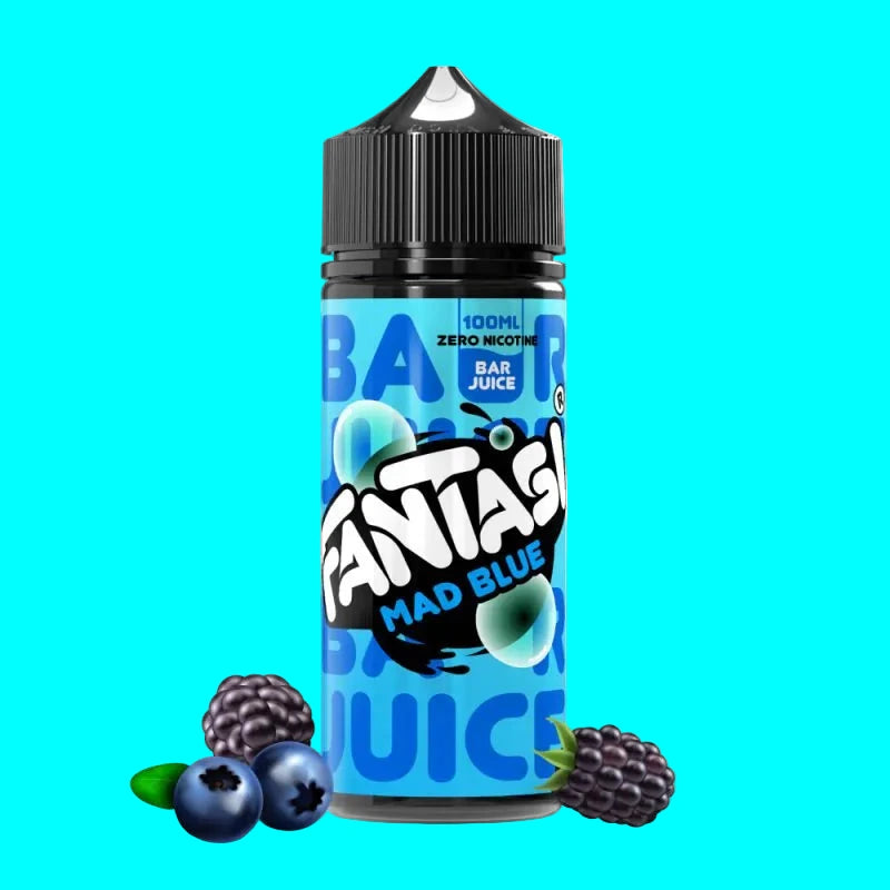 Bottle of Bar Juice Fantasti Mad Blue with blueberries and blackberries on a white background