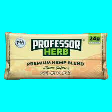 Professor Herb premium hemp blend gelato bar packaging on a brown background