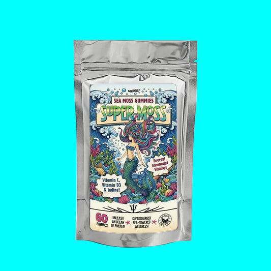 Super Moss Sea Moss Gummies packaging with mermaid illustration on a white background