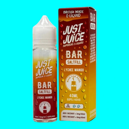 Just Juice Bar Saltfill Lychee Mango e-liquid bottle and packaging on a white background