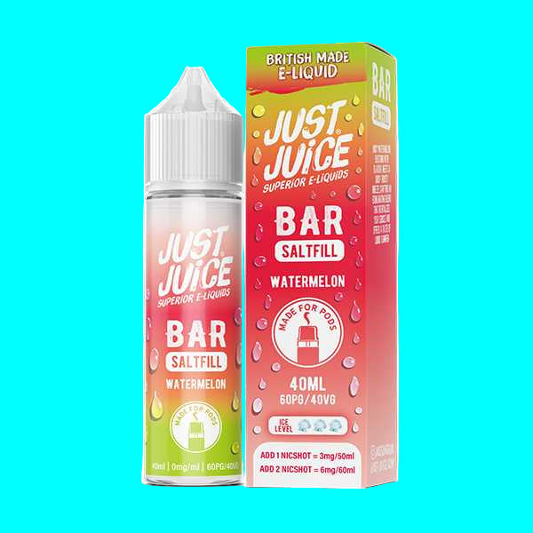 Just Juice Bar Saltfill Watermelon e-liquid bottle and packaging on a white background