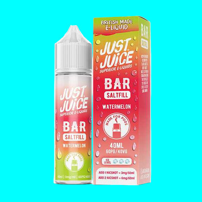 Just Juice Bar Saltfill Watermelon e-liquid bottle and packaging on a white background