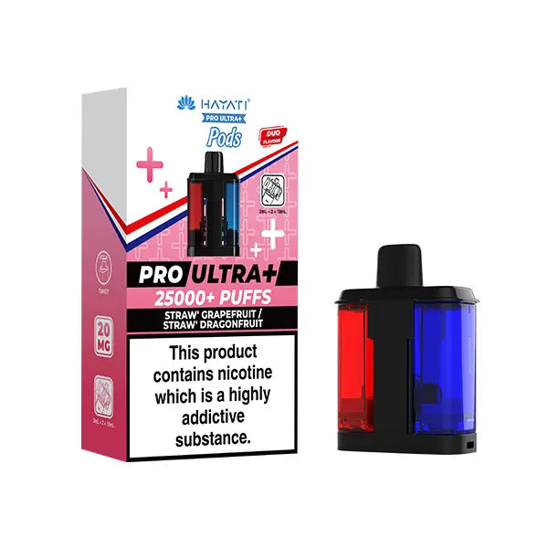 Vape pod packaging with red and blue design on a white background