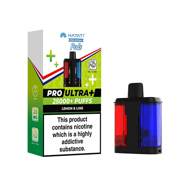 Hayat Pro Ultra+ vape pod packaging with nicotine warning label on a white background
