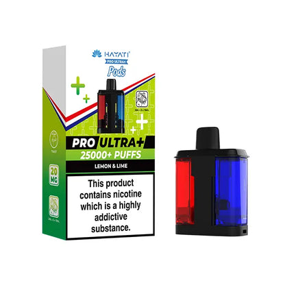 Hayat Pro Ultra+ vape pod packaging with nicotine warning label on a white background